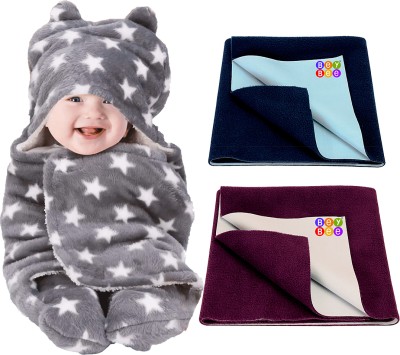 BeyBee Printed Single Hooded Baby Blanket for  Mild Winter(Woollen Blend, Star Grey, Dark Blue, Plum)