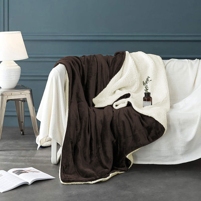 MISTIVA Solid Double Sherpa Blanket for  Heavy Winter(Polyester, BROWN&WHITE)