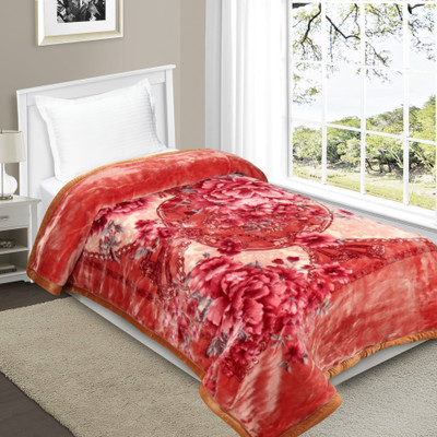 Signature Floral Single Mink Blanket for  Heavy Winter(Polyester, Peach)