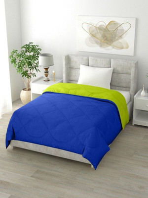 YUKU Solid Single Quilt for  Heavy Winter(Poly Cotton, Navy Blue&Parrot Green)