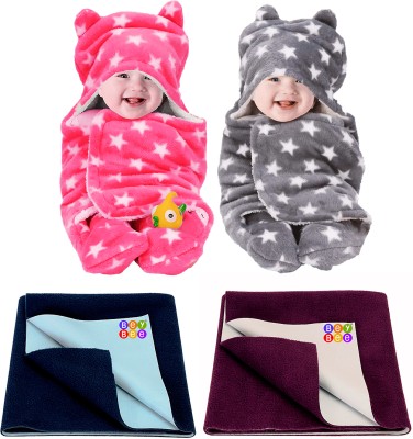 BeyBee Printed Single Hooded Baby Blanket for  Mild Winter(Woollen Blend, Star Pink, Star Grey, Dark Blue, Plum)
