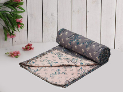 RUSTIC LINEN Floral Single Dohar for  AC Room(Cotton, Grey)