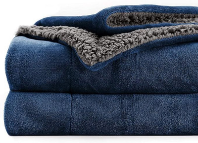 CHANDRAVATI Solid Double Sherpa Blanket for  Heavy Winter(Polyester, BLUE & GREY)