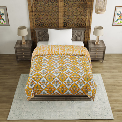 Blocks Of India Motifs Single Quilt for  Mild Winter(Cotton, Yellow)