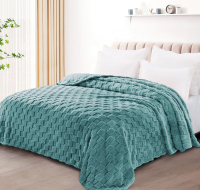 SANMARINO Checkered Double Coral Blanket for  Mild Winter(Polyester, Aqua Green, Flannel Blanket, 300 GSM)