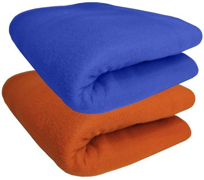 HOMIEE Solid Double Fleece Blanket for  Heavy Winter(Polyester, Blue, Orange)