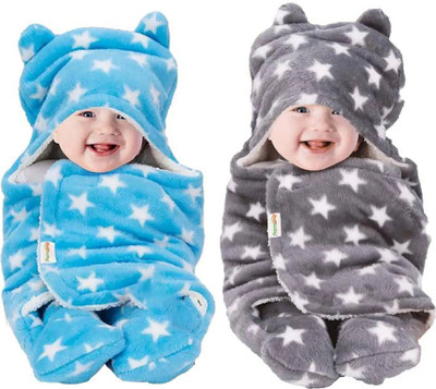 Oyo Baby Printed Single Fleece Blanket for  AC Room(Woollen Blend, Printed Grey + Printed Blue)