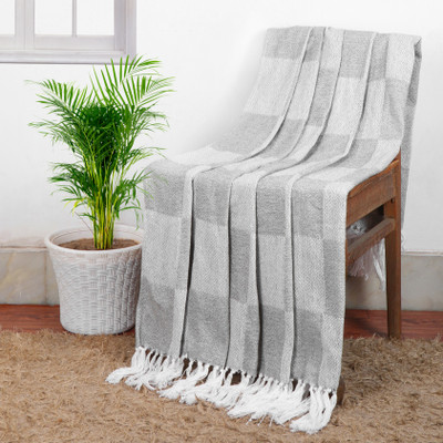Cazimo Checkered Single Throw for  AC Room(Cotton, Light Grey)