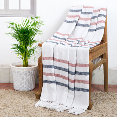 Cazimo Striped Single Throw for  AC Room(Cotton, Blue & Peach)