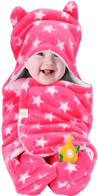 D BABY HOME Printed Single Hooded Baby Blanket for  AC Room(Woollen Blend, Pink)