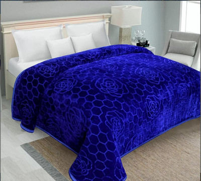 Barbarik Floral Double Mink Blanket for  Mild Winter(Microfiber, Navy Blue)