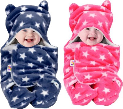 BeyBee Printed Single Hooded Baby Blanket for  Mild Winter(Woollen Blend, Dark Blue, Pink)