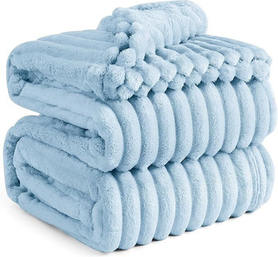 LA VERNE Self Design Double Mink Blanket for  Mild Winter(Fur, Sky blue)