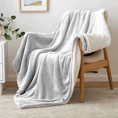LA VERNE Solid Double Sherpa Blanket for  Heavy Winter(Woollen Blend, Silver)