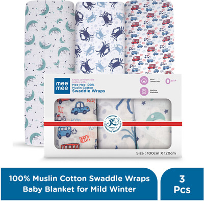 MeeMee Printed Single Swaddling Baby Blanket for  Mild Winter(Cotton, Blue)