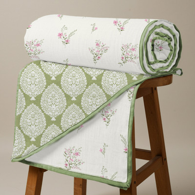 Urban Space Printed Double Dohar for  AC Room(Cotton, White, Sage Green)