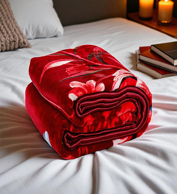 Swikon star Floral Single Mink Blanket for  Heavy Winter(Microfiber, Red, White)