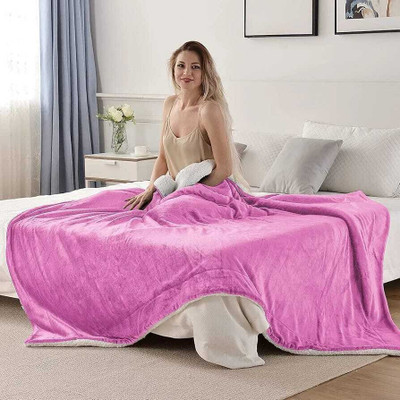 Relaxfeel Solid Double Sherpa Blanket for  Heavy Winter(Polyester, Pink White)