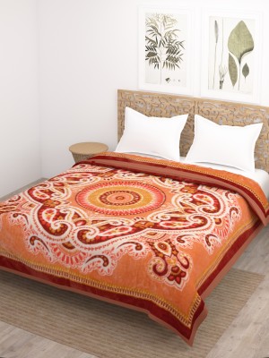 SPANGLE Printed Double Mink Blanket for  Heavy Winter(Microfiber, Orange, Brown)