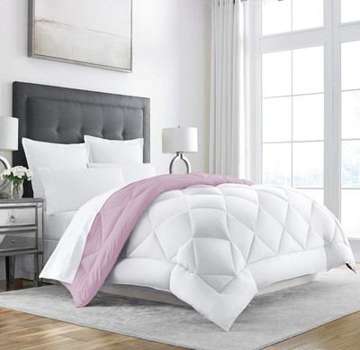 Linenovation Solid Double Comforter for  Heavy Winter(Polyester, White:Light Pink)