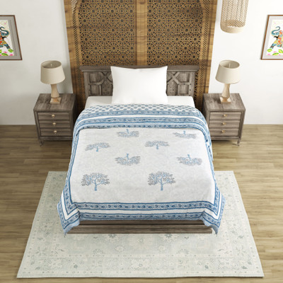 Blocks Of India Motifs Single Quilt for  Mild Winter(Cotton, Blue)