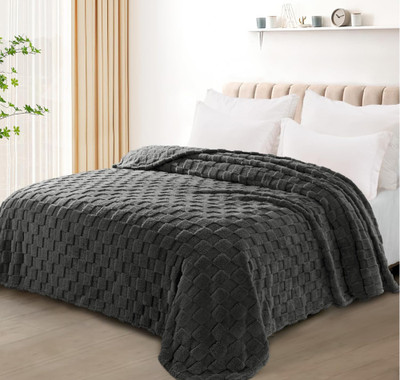 SANMARINO Checkered Double Coral Blanket for  Mild Winter(Polyester, Grey, Flannel Blanket, 300 GSM)