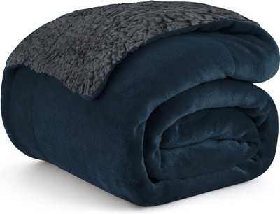 Cloth Fusion Solid Double Sherpa Blanket for  Heavy Winter(Microfiber, NAVY&GREY)