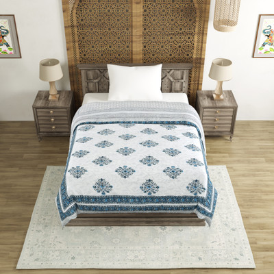 Blocks Of India Motifs Single Quilt for  Mild Winter(Cotton, Blue, Grey)