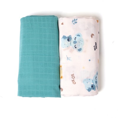 TIDY SLEEP Printed Crib Swaddling Baby Blanket for  Mild Winter(Cotton, Solid Blue & MOM&ME)