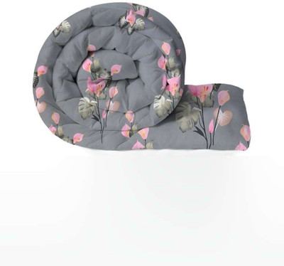 Comfowell Printed Single Quilt for  Heavy Winter(Poly Cotton, Grey & Pink Flower F)