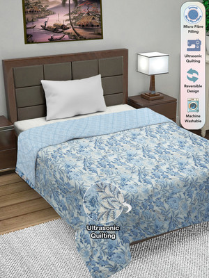 Fabinaliv Floral Single Comforter for  AC Room(Poly Cotton, Light Blue)