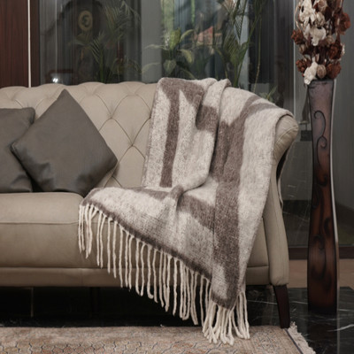 SHREEJA THROWS Abstract Single Throw for  AC Room(Woollen Blend, BROWN & WHITE)