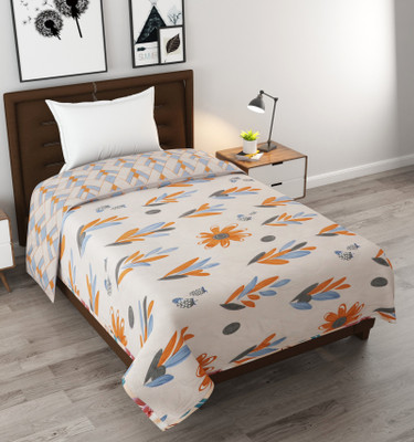 BEDCOUDRE Floral Single Comforter for  AC Room(Poly Cotton, Orange, Blue)