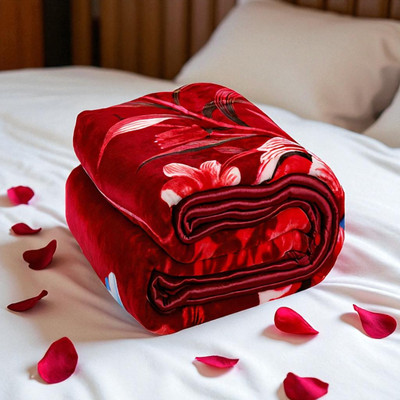 GKM Floral Single Mink Blanket for  Heavy Winter(Polyester, Red, White)