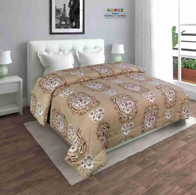 COZYEXPORTS Printed Single Quilt for  Heavy Winter(Poly Cotton, Beige & White Flower)
