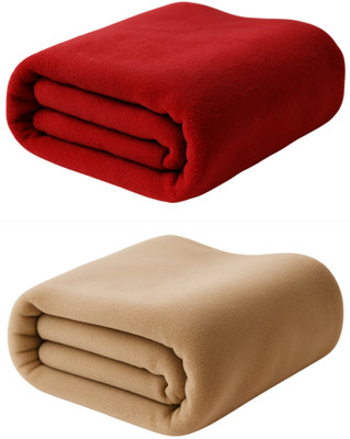 Neekshaa Solid Single Fleece Blanket for  Mild Winter(Polyester, Red, Cream)