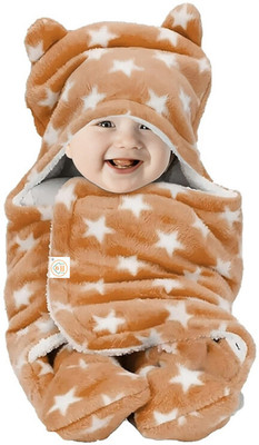 D BABY HOME Printed Single Hooded Baby Blanket for  AC Room(Woollen Blend, Beige)