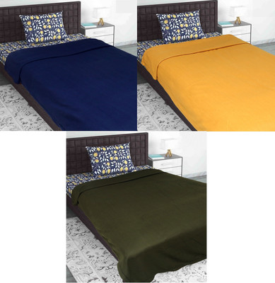 Evolife Solid King Fleece Blanket for  Mild Winter(Polyester, Blue + Rust + Green)