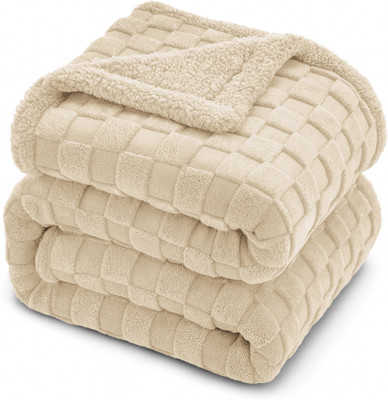VAS COLLECTIONS Checkered Single Sherpa Blanket for  Heavy Winter(Fur, Beige)