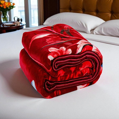 GKM Floral Double Mink Blanket for  Heavy Winter(Polyester, Red, White)