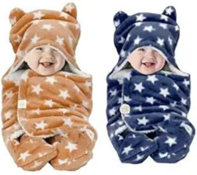 D BABY HOME Printed Single Hooded Baby Blanket for  AC Room(Woollen Blend, Dark Blue + Blue)