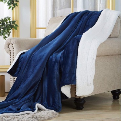 VAS COLLECTIONS Solid Double Sherpa Blanket for  Heavy Winter(Polyester, Navy Blue)