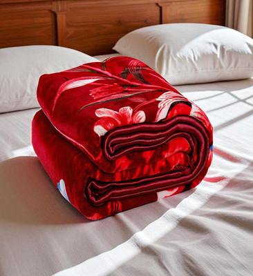 Swikon star Floral Single Mink Blanket for  Heavy Winter(Microfiber, Red, White)