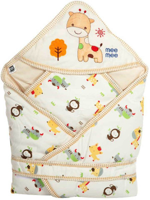 MeeMee Printed Single Hooded Baby Blanket for  Mild Winter(Cotton, White)