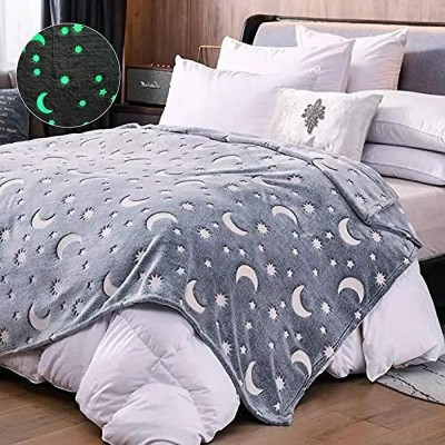 Ji And Ja Printed Single Woollen Blanket for  Mild Winter(Microfiber, Glow in The Dark Printed Blankets Soft Cozy All Season Blankets Grey Moon Star)