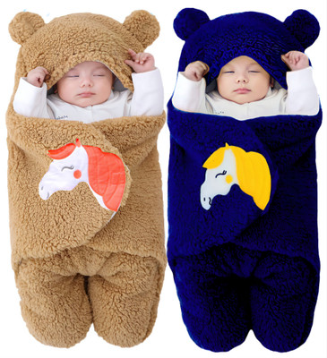 BRANDONN Embroidered Crib Hooded Baby Blanket for  AC Room(Microfiber, Navy blue , Beige)