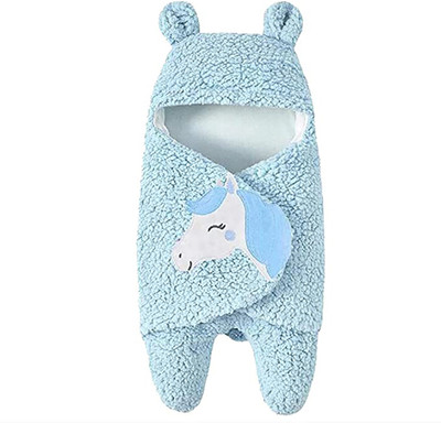 Baebyphant Printed Single Hooded Baby Blanket for  Mild Winter(Woollen Blend, Light Blue)