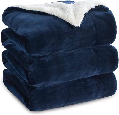 VAS COLLECTIONS Solid Double Sherpa Blanket for  Heavy Winter(Polyester, Blue)