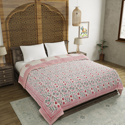 Blocks Of India Floral King Quilt for  Mild Winter(Cotton, Pink, Red)