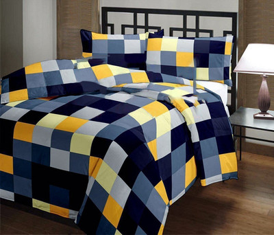 SUNJES Checkered Double Dohar for  Mild Winter(Poly Cotton, Blue, Yellow)
